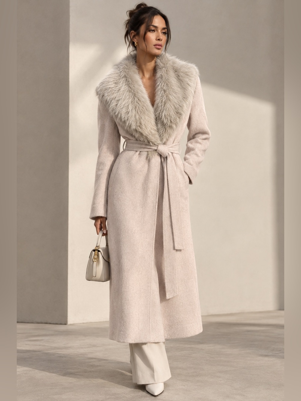 Club Monaco Wool Belted Wrap Robe Coat with removable Faux-Fur Trim